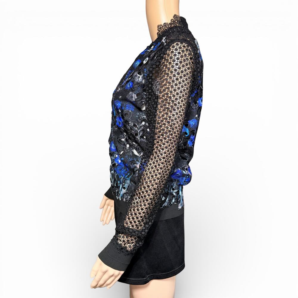 Elie Tahari Womens Brandy Floral Lace Bomber Jacket Sheer Black Blue XS - Picture 7 of 13